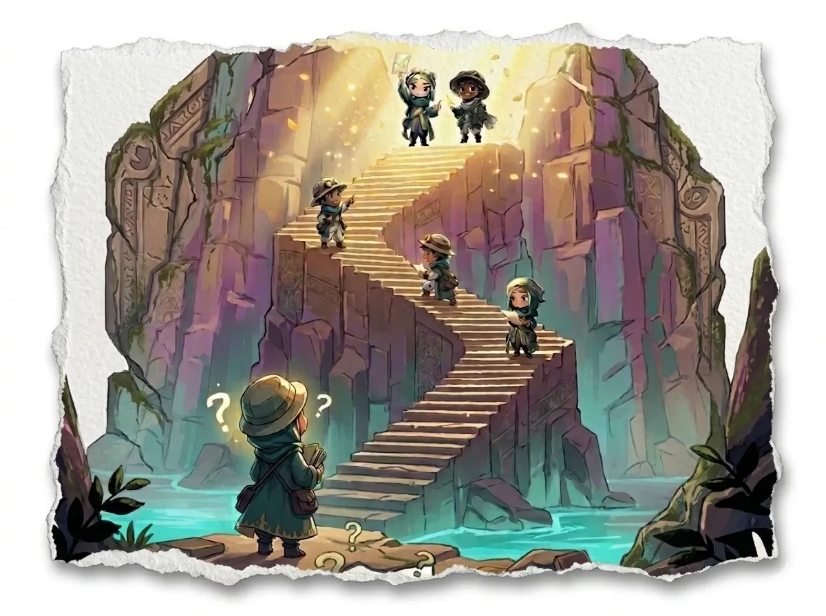 Children exploring quiz questions on a magical staircase
